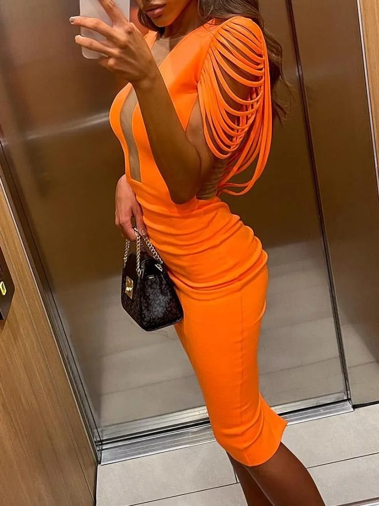 

Elegant Tassel Midi Bandage Dress for Women 2022 Summer Orange Bandage Dress Bodycon Sexy Party Dresses Evening Club Outfits