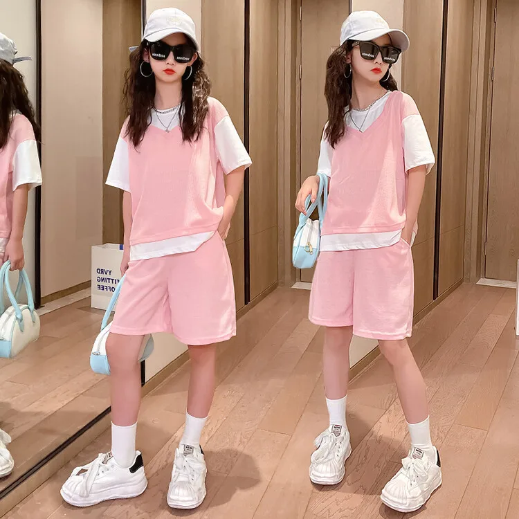 

Girls Clothes Summer Short Sleeve Patchwork T Shirt + Shorts 2Pcs Kids Clothing Sets Casual Children Short Sleeve Tracksuit