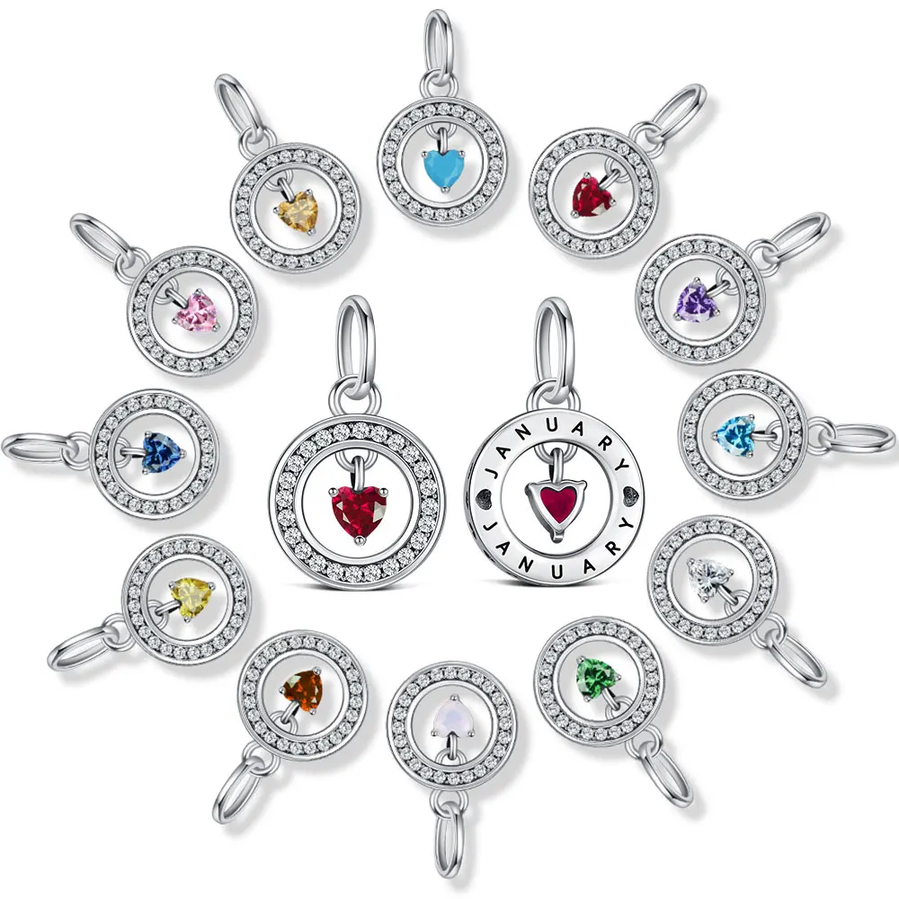 925 Серебро Lucky Months Сердце Камень Очарование Подходит Браслеты Ожерелье Женщины DIY