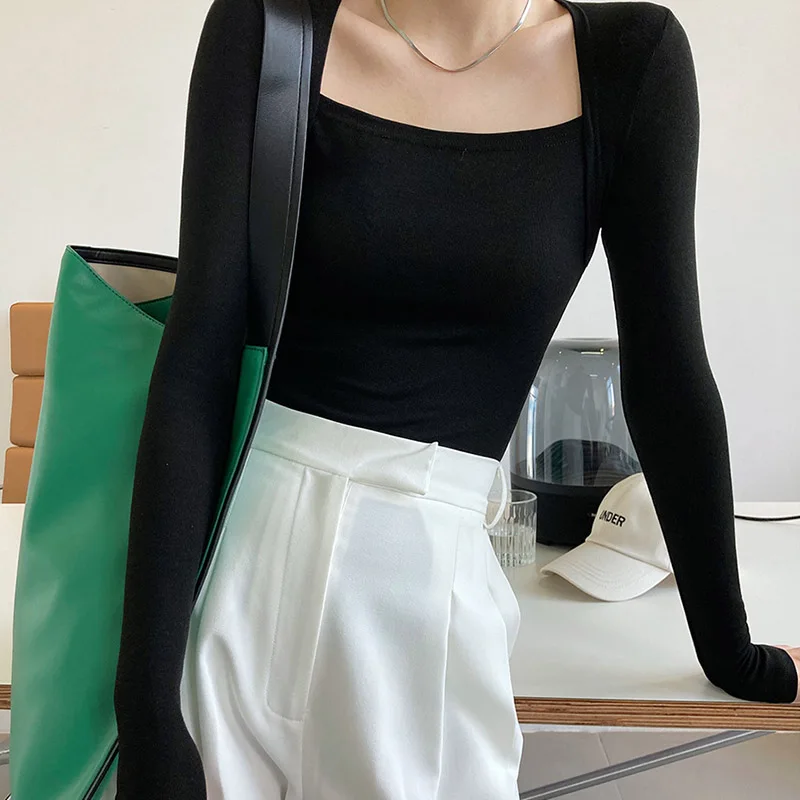 2024 французская нежная футболка с длинным рукавом и квадратным вырезом Женский