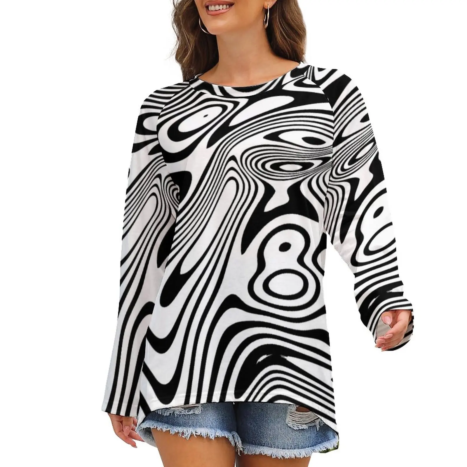 

Black And White Marble Pattern T Shirts Visual Contrast Stripe Cute T Shirt Long-Sleeve Street Wear Tops Oversize Print Clothing