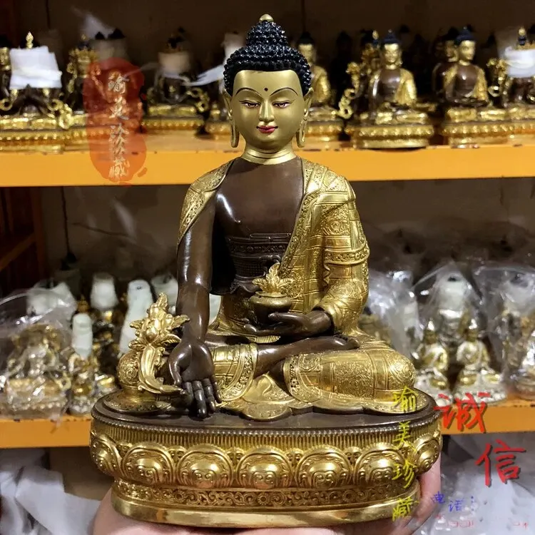 

Большой храм Будды № 5, 21 см, индийский, непальский, тибетский буддизм, Золотая позолота, фармацевтика Tathagata YAOSHI статуэтка Будды из латуни