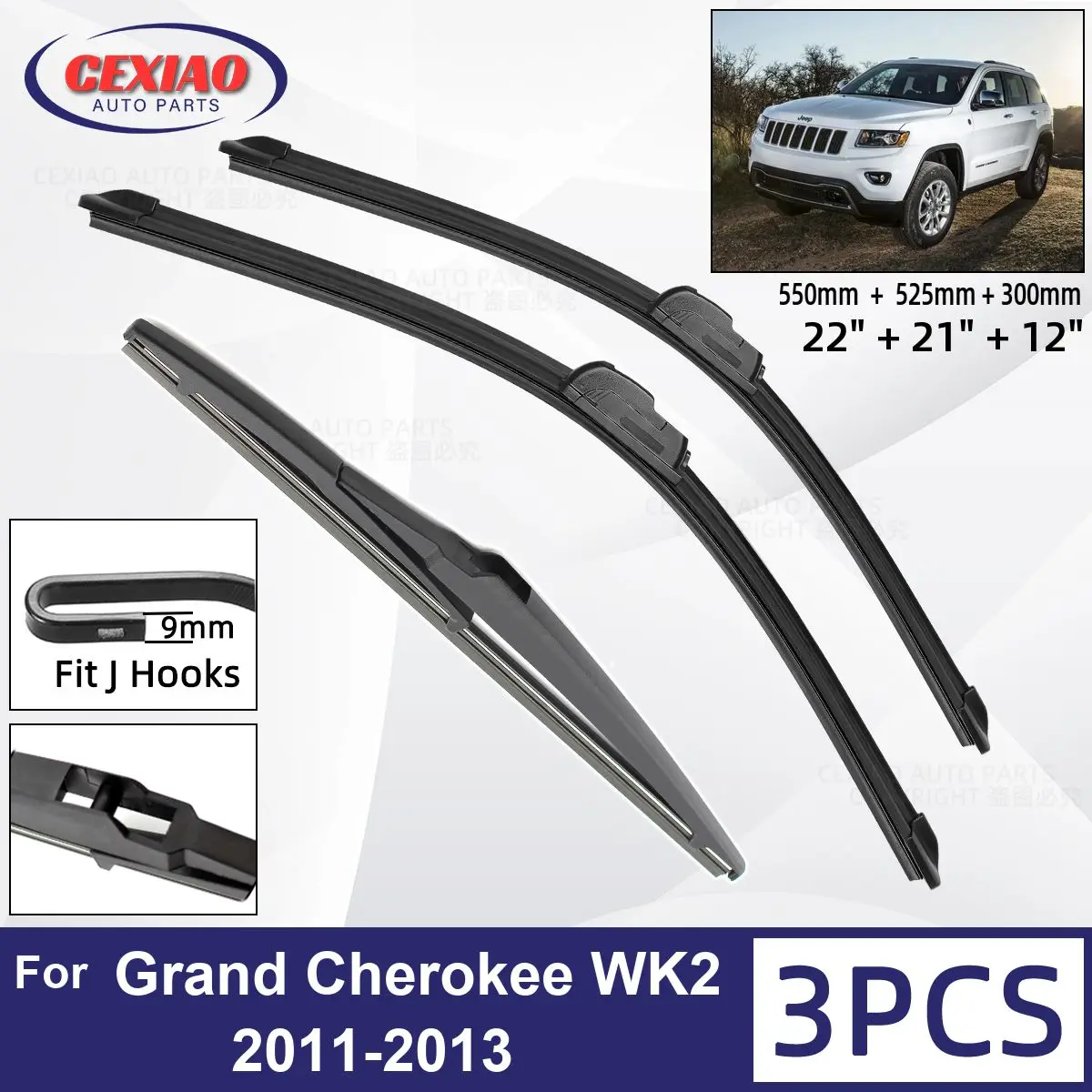 

For Jeep Grand Cherokee WK2 2011-2013 Car Front Rear Wiper Blades Soft Rubber Windscreen Wipers Auto Windshield 22"+21"+12" 2012
