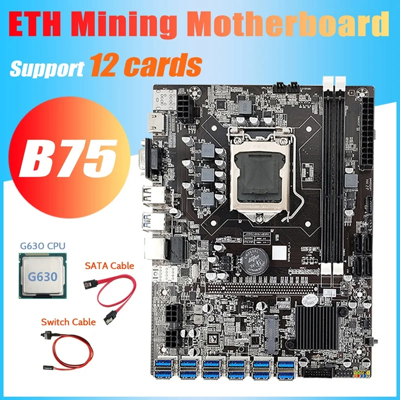 

Материнская плата B75 ETH для майнинга + процессор G630 + кабель переключателя + кабель SATA LGA1155 12 PCIE на USB MSATA DDR3 B75 USB BTC материнская плата