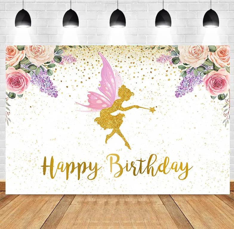 

Photography Background Pink and Gold Floral Fairy Tale Birthday Party Princess Girls Decoration Photo Studio Backdrop