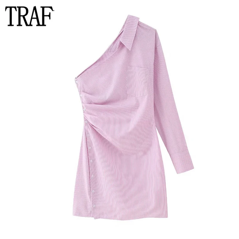 

TRAF Striped Asymmetric Dress Woman Pink Ruched Mini Dress Women Off Shoulder Beach Dresses for Women Long Sleeve Button Dress