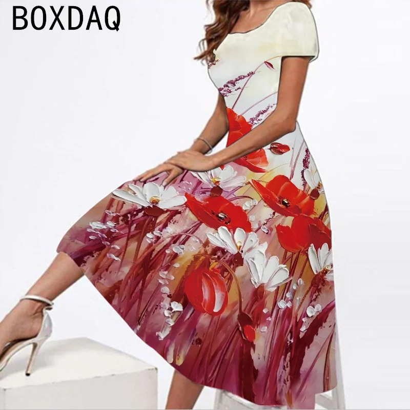 

Vintage Flower Print Boho Long Dress Lady Summer Short Sleeve Square Collar Casual Dress Elegant Women A-Line Dress Vestidos