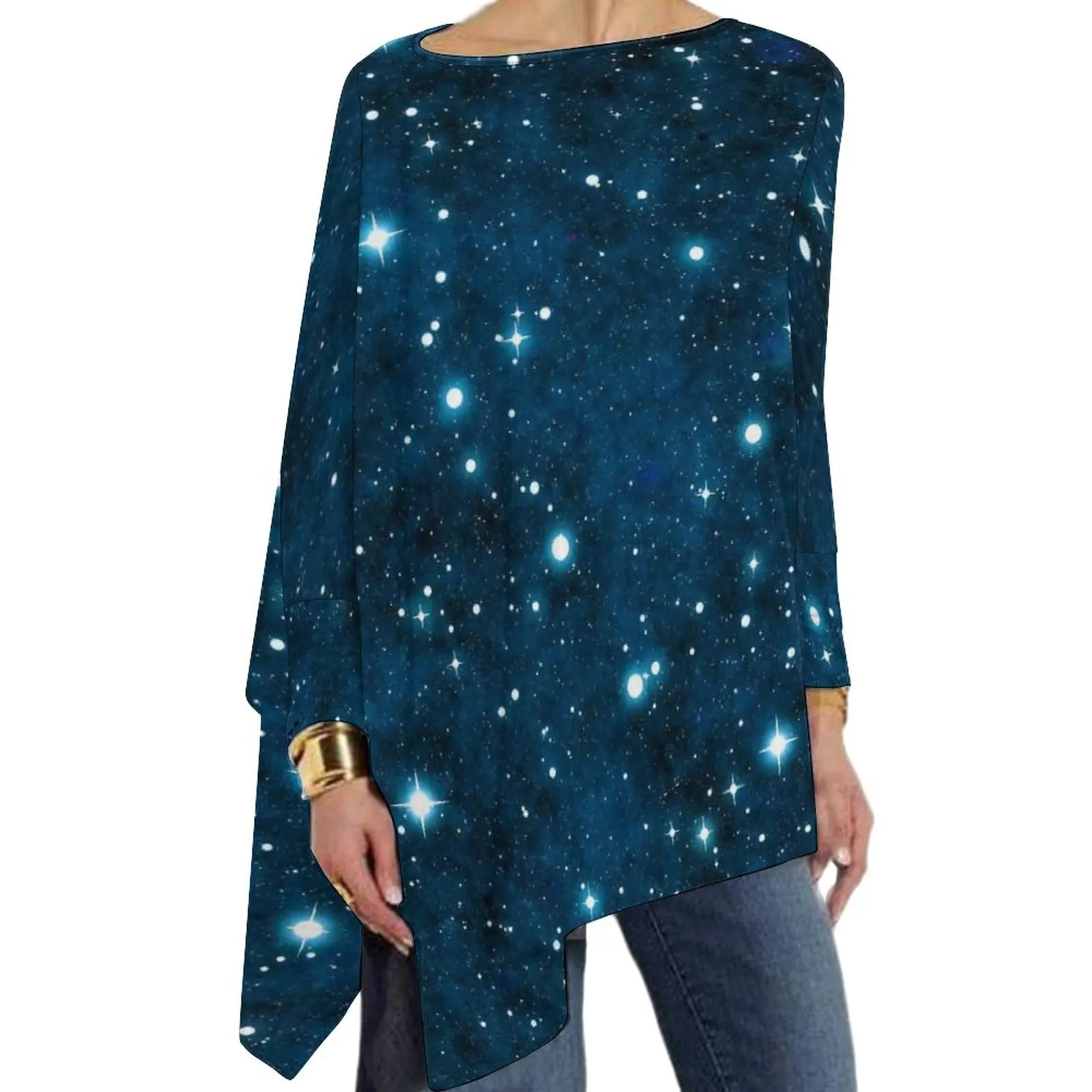 

Женская футболка с длинным рукавом, синяя Блестящая футболка с длинным рукавом и изображением Галактики, большие размеры