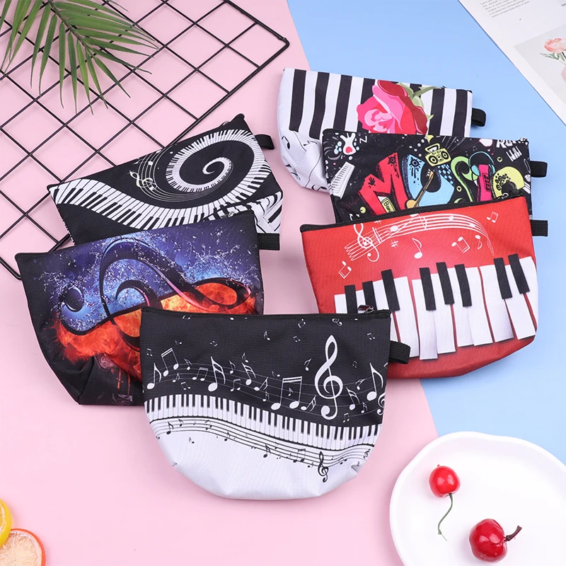 

High Quality Organizer Portable Pencil Case Piano Guitar Painting Women Makeup Bag Heat Transfer Music Notes Print Cosmetic Bags