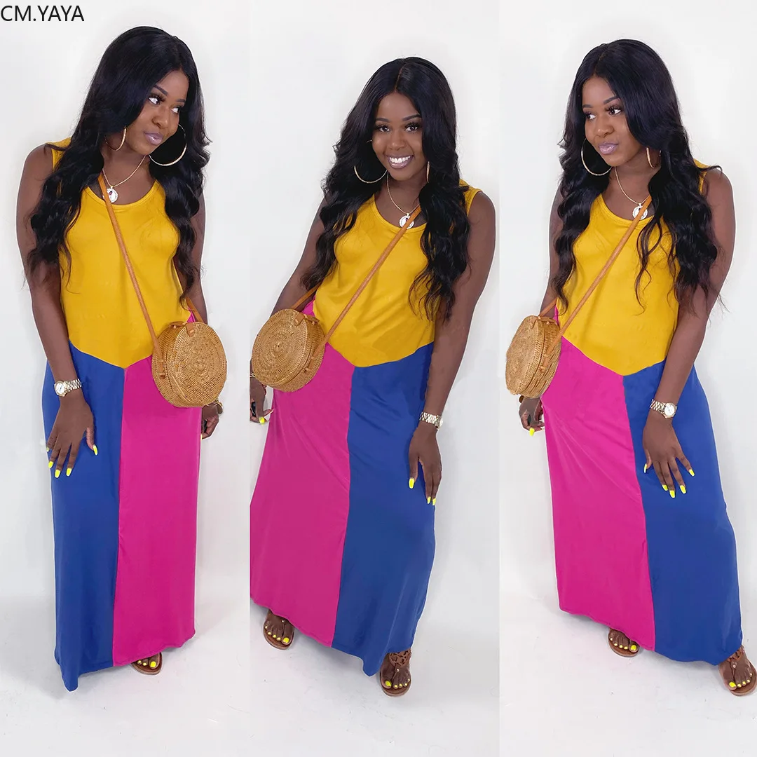 Женское платье макси без рукавов CM.YAYA летнее с круглым вырезом облегающее