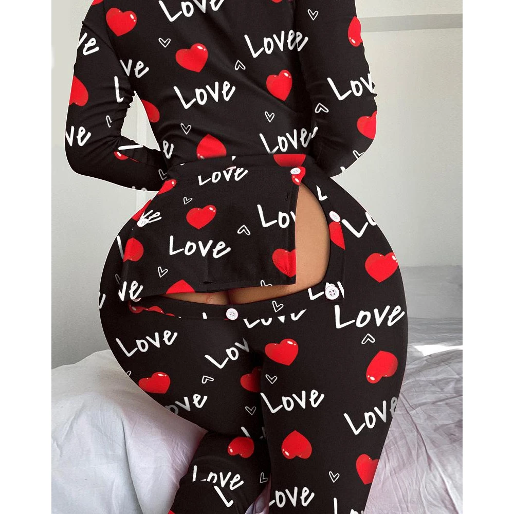 Autumn Spring Women Sexy Heart Letter Print Functional Buttoned Flap Sleep Onesie Pajamas Ladies V Neck Long Sleeve Sleepwear