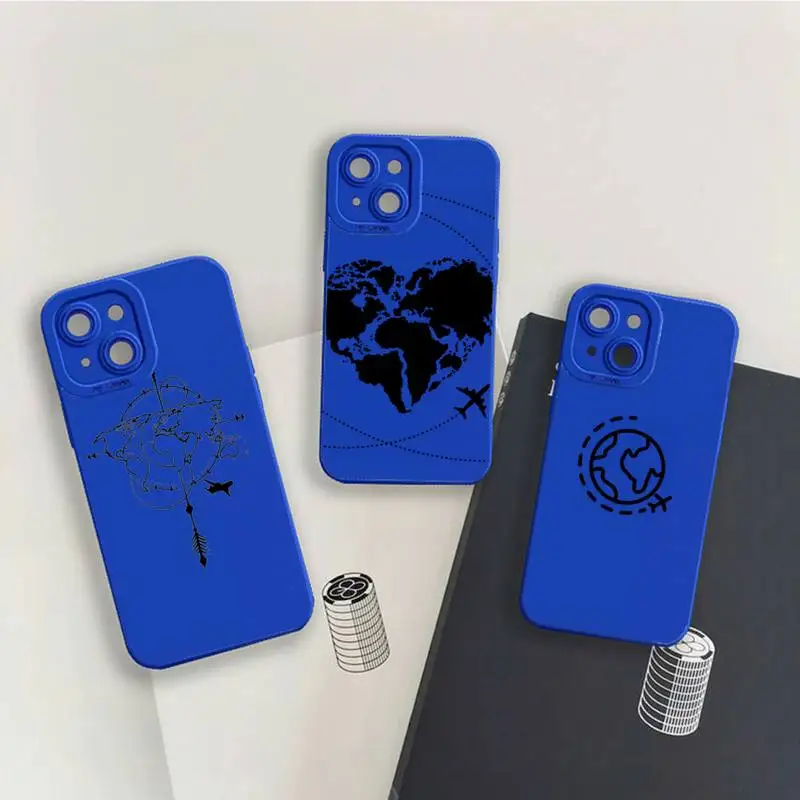

Black line airplane world map Phone Case For iPhone 13 12 11 Pro MAX Mini X XS XR 7 8 Plus Liquid Silicone Klein Blue