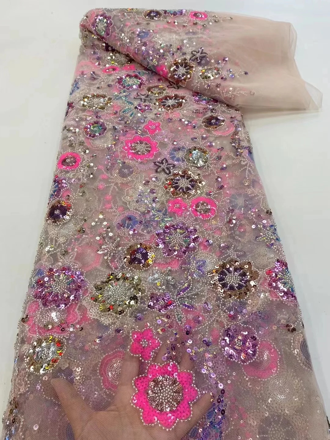 

Pink African Lace Fabrics 2020 High Quality Lace Sequins Nigerian Sequence Lace French Tulle with Beads XIYA Lace Fabric