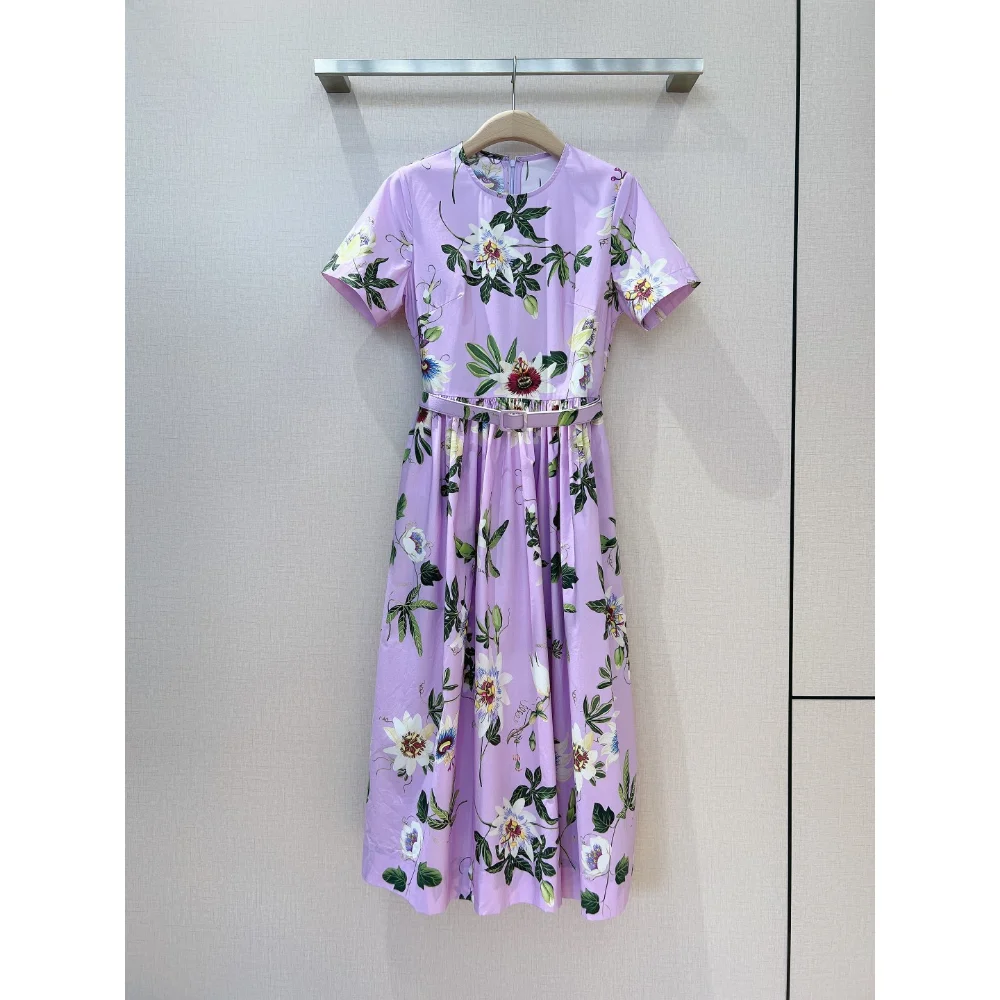 Spring Summer New 2023 Top Quality Floral Print Short Sleeve A-line Midi Vintage Dress for Holiday