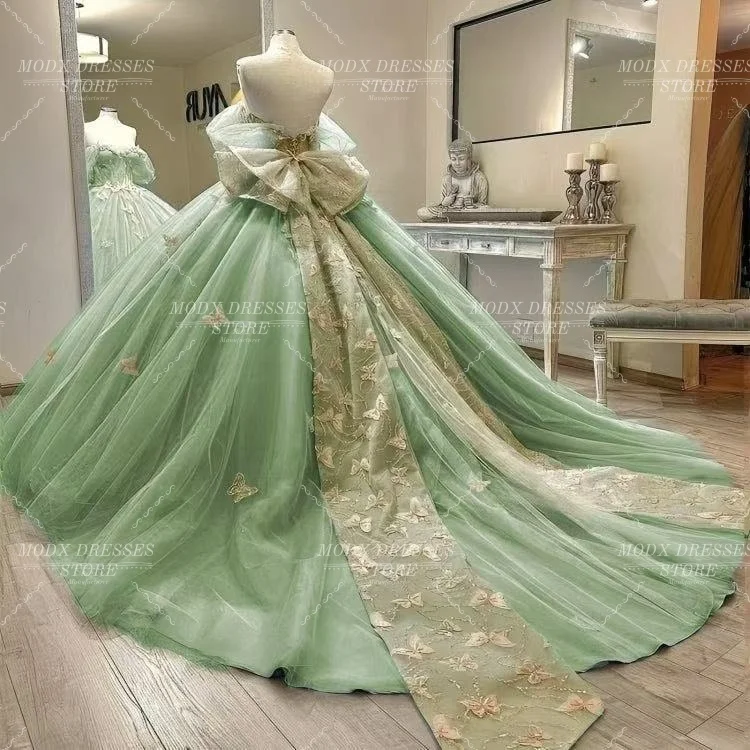 Фото MODX Exquisite Sage Green Butterflies Appliqus Evening Dresses Customized Off-shoulder Women Party Dress Formal Celebrity Gowns №2
