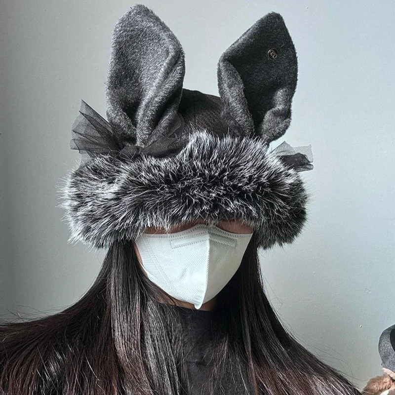 Y2K Heavy Industry Rabbit Eared Имитация лисьего меха Кепки с большим меховым воротником для