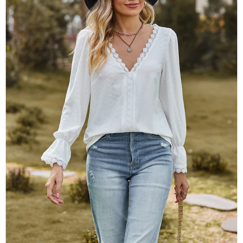 Женская футболка с кружевом V-образным вырезом и длинным рукавом