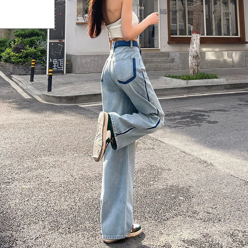 

Новые модные высококачественные джинсы с высокой талией и широкими штанинами женские свободные прямые брюки в нишевой нише светлого цвета