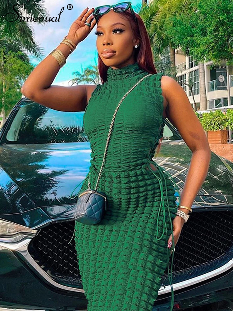 

Simenual Sleeveless Mock Neck Elegant Dresses for Women Sexy Side Hollow Drawstring Summer Birthday Y2k Bodycon Long Vestido New