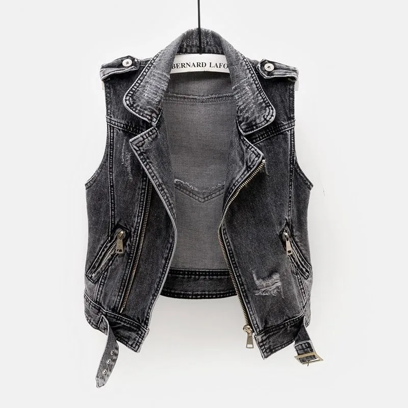 

Fashion Denim Vest Female Spring Autumn Sleeveless Wild Tops Short Jacket Women 5XL Smoky Gray Jean Frayed Waistcoat