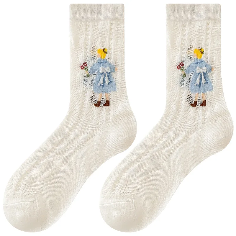 White Mesh Thin Cotton Socks Korean Style ins Trend Cute Japanese Hollow Mid-calf Socks for Women