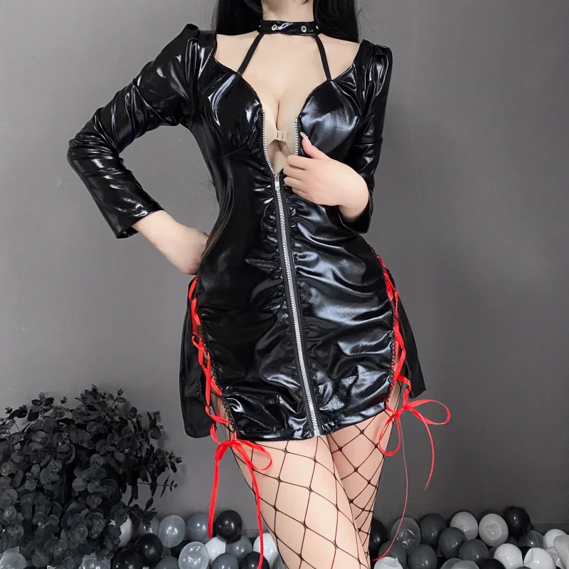 

Plus Size Lingerie Anime Cosplay Dress for Women Long Sleeves Leather Cosplay Outfit Night Party Club Wear with Fishnet Stocking