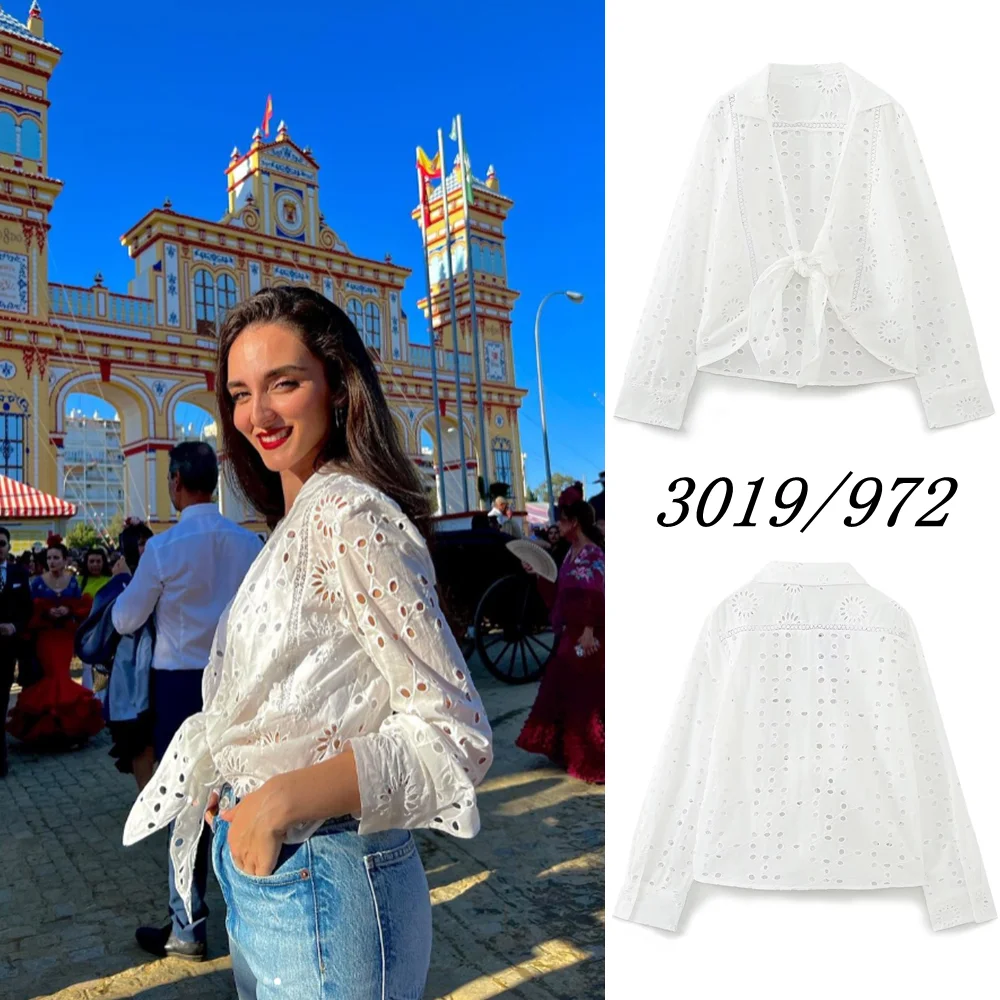 

Spring New Shirt UNIZERA Women's White Casual Temperament All-match Embroidery Hollow Knot Shirt 3019972