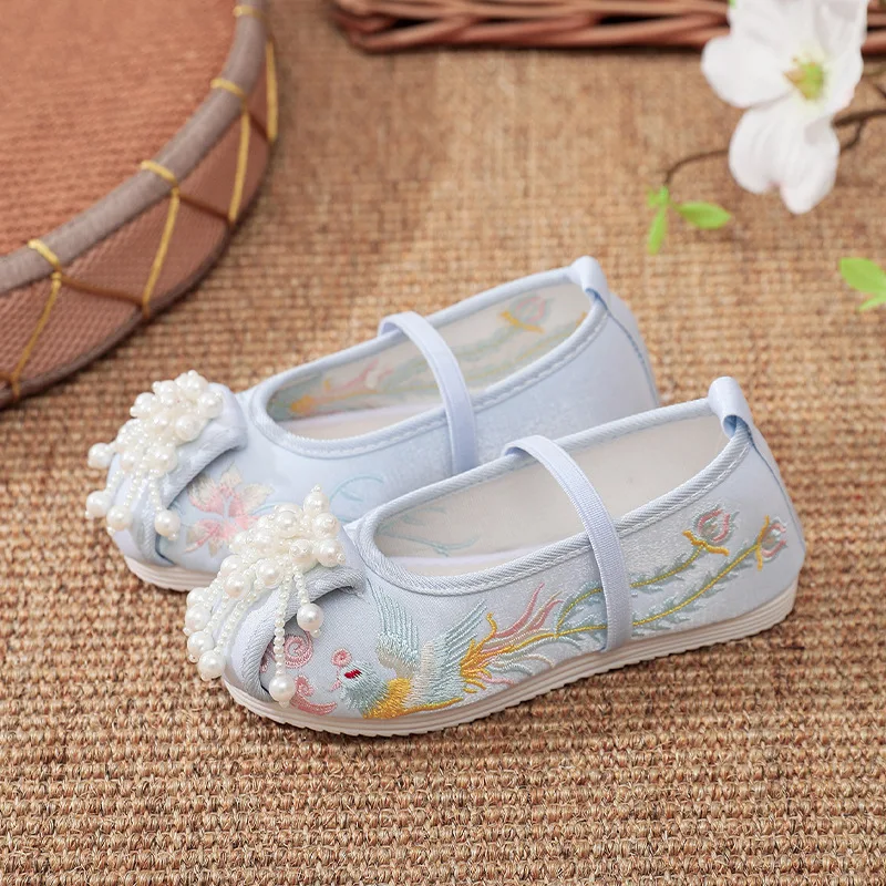 

Children Gilrs Pearl Tissels Shoes Floral Flats Ancient Round Toe Kids Soft Elastic Band Traditional Hanfu Oriental Embroidery
