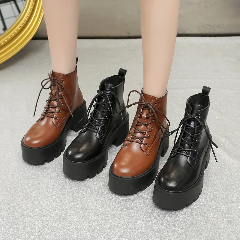 Chunky Platform Ankle Boots for Women 2022 Autumn Winter Thick Bottom Lace Up Shoes Woman Retro Black Pu Leather Short Boots