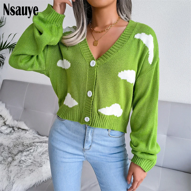 

Nsauye Winter Clothes Vintage Knitted Print Female Cardigan 2021 Y2K Fashion Cute Long Sleeve Short Sweater Coat Tops Streetwear