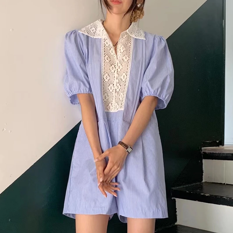 Clothland Women Elegant Lace Patchwork Striped Playsuit Short Sleeve One Piece Baby Blue White Jumpsuits Mujer KA349