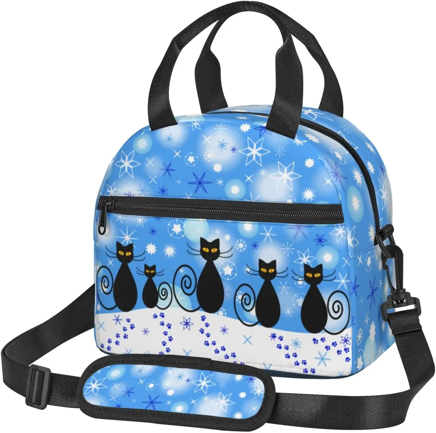 

Black Cats Christmas Snowflakes Background Lunch Bag Reusable Insulated Lunch Tote Bag Lunchbox Container Adjustable Shoulder