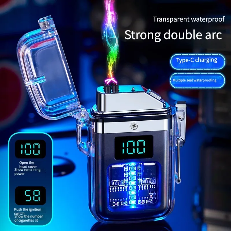 Waterproof Transparent Bin Double Arc  Pulse Windproof Outdoor Men's USB Cigarette Lighter Tide