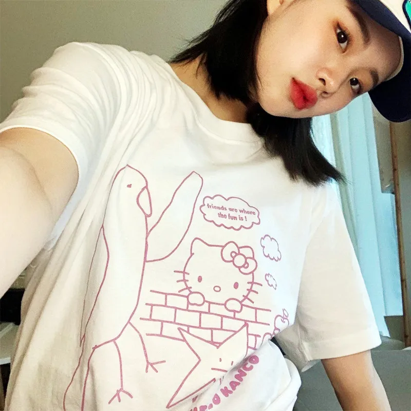 

Женские футболки в стиле Kpop в стиле Харадзюку, летние свободные хлопковые топы с коротким рукавом, футболки с круглым вырезом, уличные тренд...