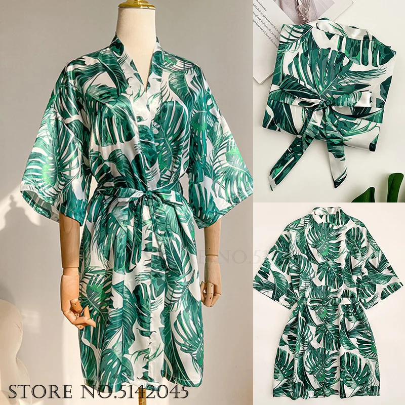 

Халат-кимоно Женский с поясом, Атласный халат с принтом зеленых листьев, ночная рубашка свободного покроя, домашняя одежда, весна-лето
