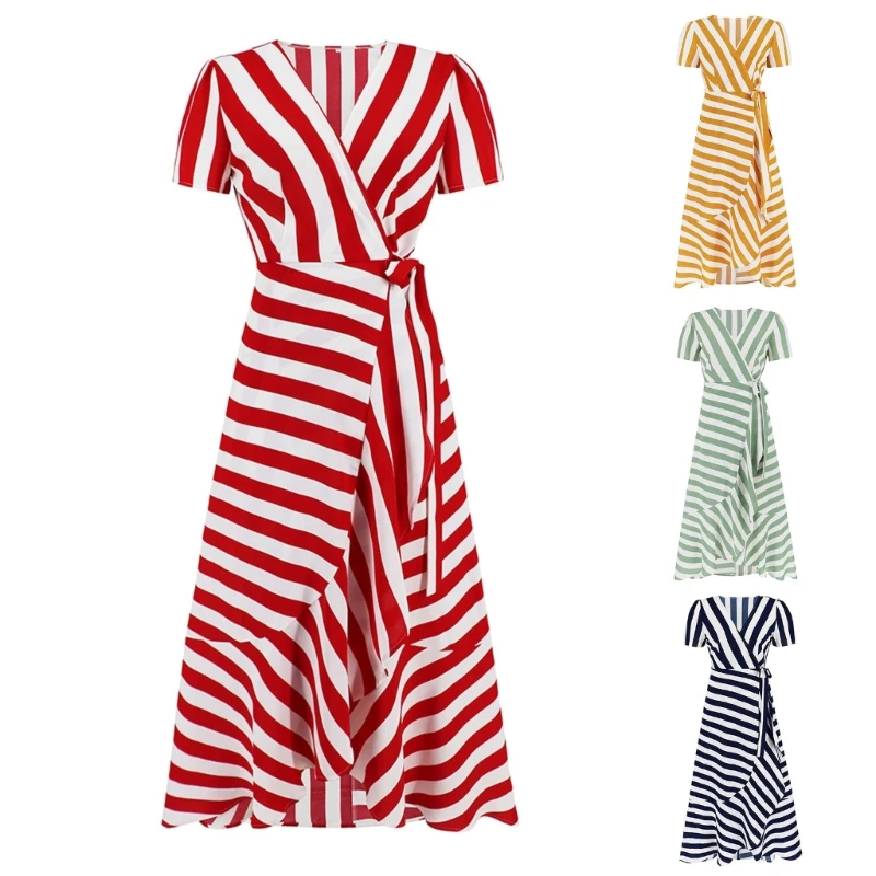 

Women Summer V Neck Dresses Front Split Short Sleeves Maxi Dress with Belt