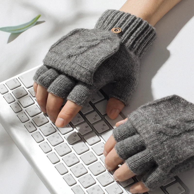 

Wool Knitted Fingerless Flip Gloves Winter Warm Flexible Touchscrn Gloves for Men Women Unisex Exposed Finger Mittens Glove