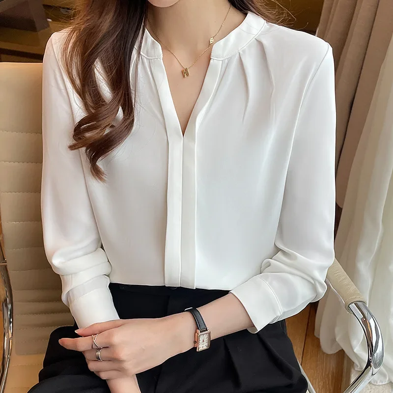 Элегантная шифоновая блузка с v-образным вырезом женская длинным рукавом новинка