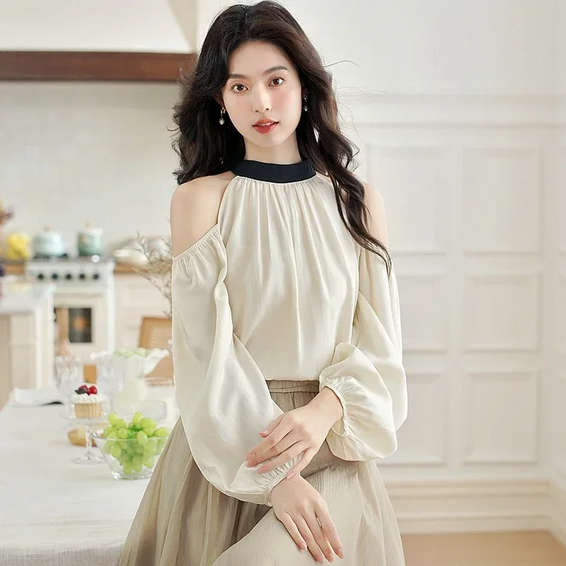 Осенняя женская блузка с круглым вырезом новая шифоновая без бретелек длинным