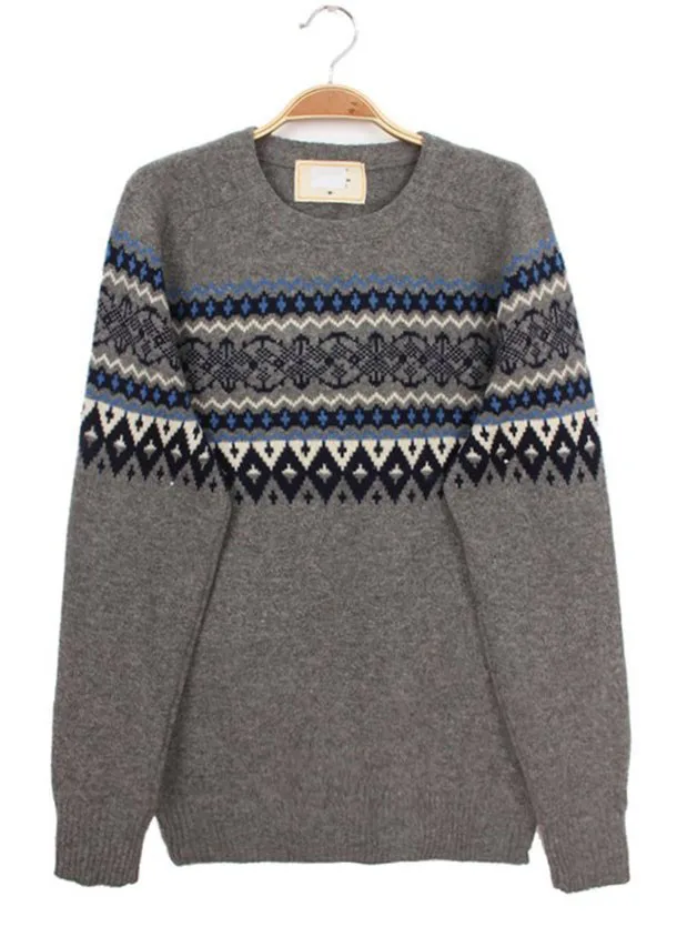 Vintage Solitude Japan Retro Autumn and Winter Fleece Neutral Pullover Sweater Stripe Snowflake Preppy