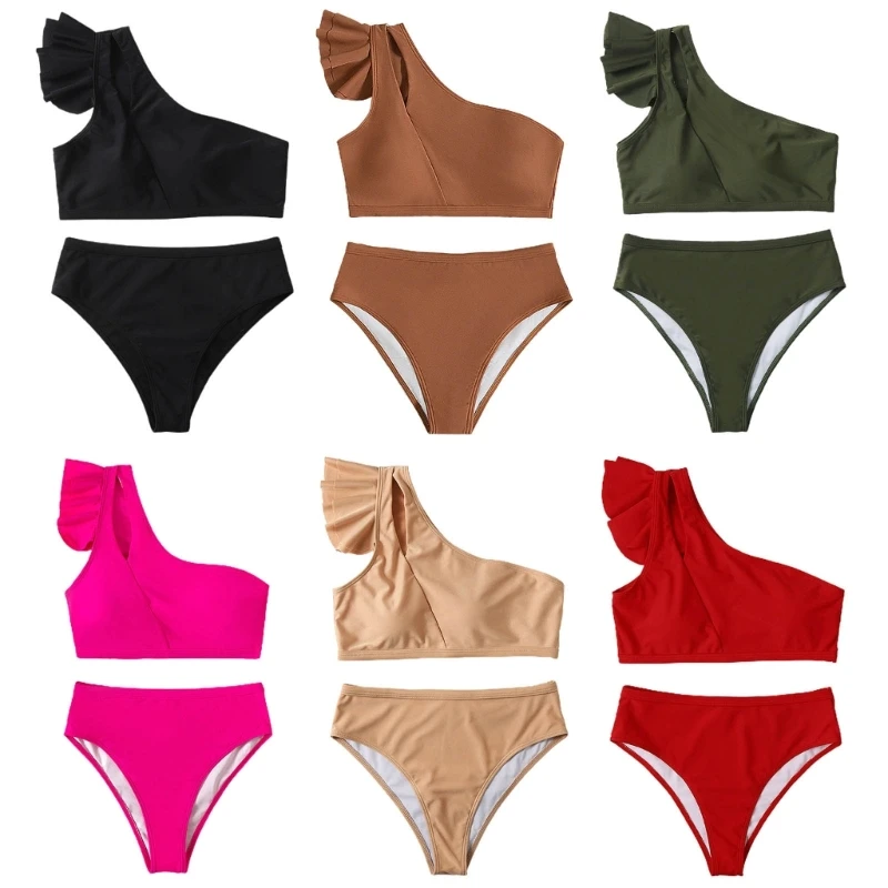 

Women Sexy Swimwear Solid Color Backless Bikinis Set One Shoulder Swimsuit Wide Strap Comfortable Ruffle Fashion Bikinis