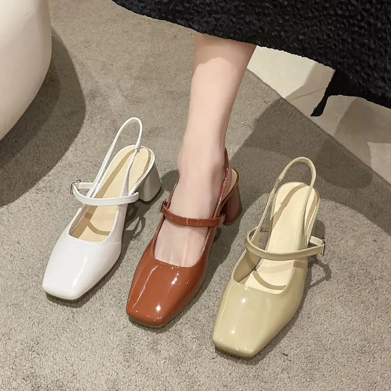 

Low Sandals Woman Leather 2023 Summer Shoes Closed Toe Shallow Mouth Suit Female Beige Block Heels All-Match Low-heeled Black Co