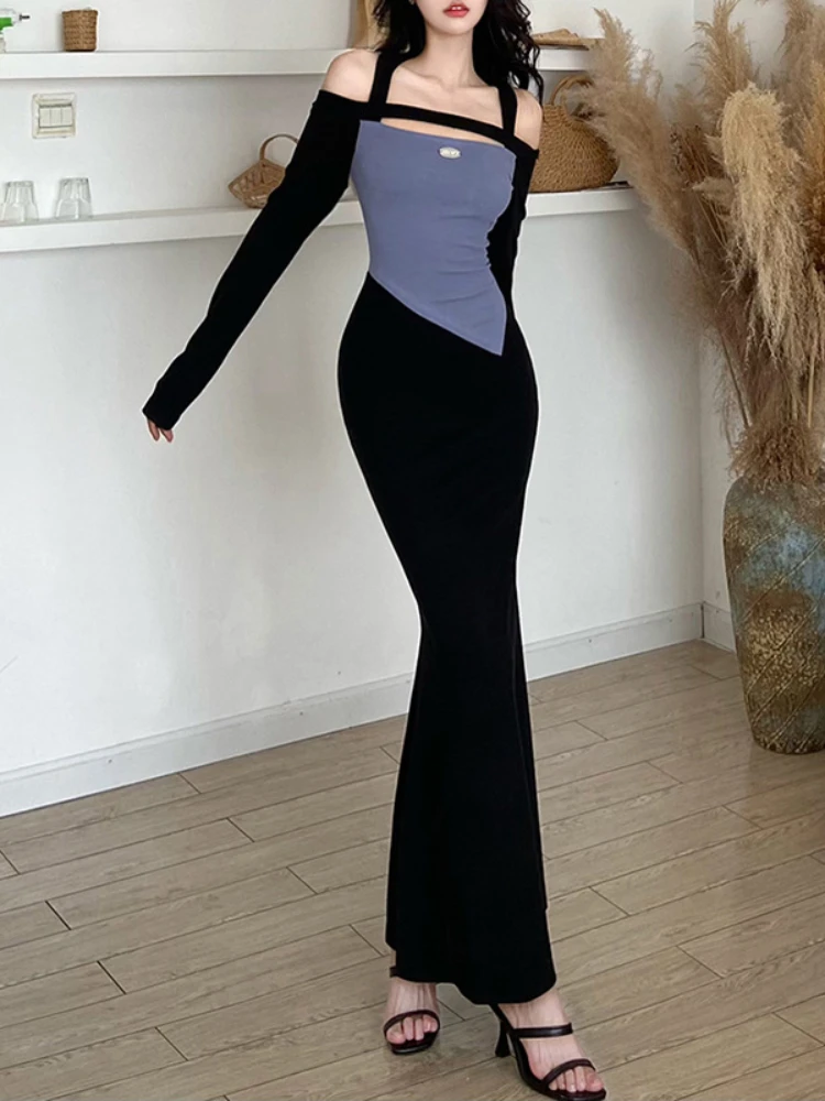 

Autumn New Women's Wear Solid Slim Fit High Waist Fashion Straight Collar Contrast Color Long Sleeve Dress A-LINE Ankle-Length