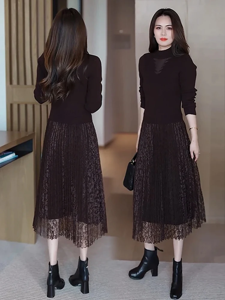 Черное платье с длинными рукавами женское осенне-зимнее 2024 новая модная юбка