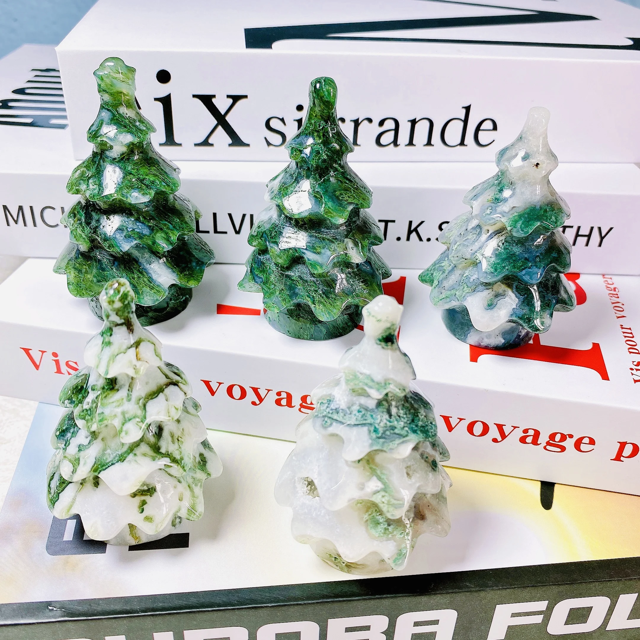 

Natural Moss Agate Christmas Tree Crystal Carving Healing Gemstone Tree Handicraft Christmas Decoration