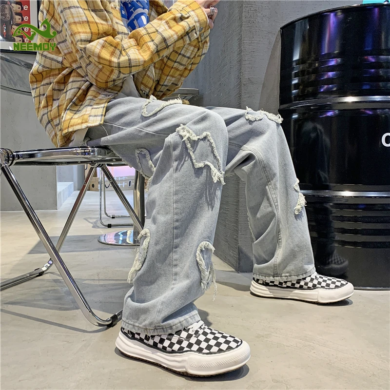 Neemoy Jeans Patches Losse Verontruste Fashion Cargo High Street Ins Gewassen Denim Streetwear Broek Jeugd Hip-Pop Hot Sale
