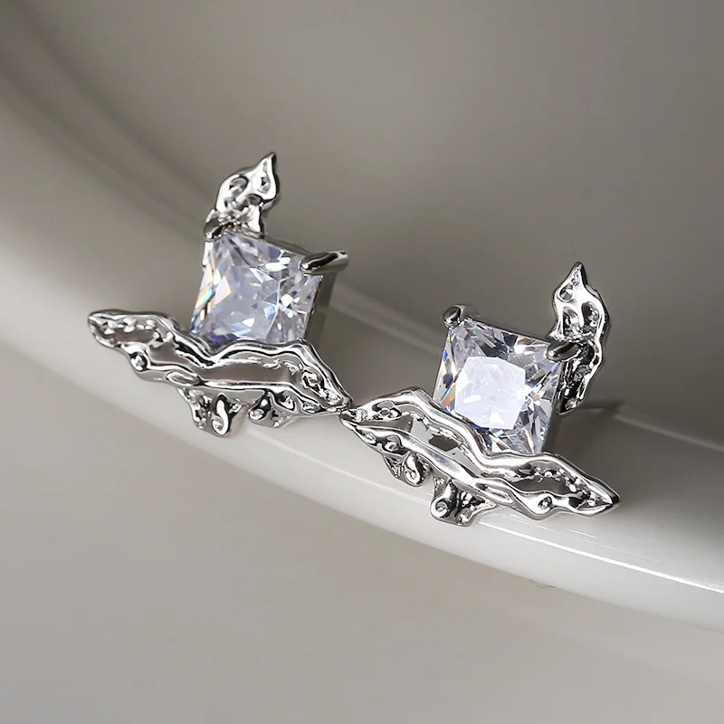 Silvology Real 925 Sterling Silver Irregular Texture Stud Earrings for Women Inlay Square Zircon Shine Earrings Simple Jewelry