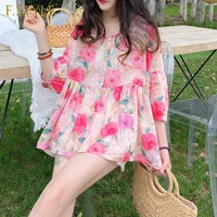 women short sleeve shirts floral stylish elegant ruffles female o neck single breasted casual loose sweet lovely korean style