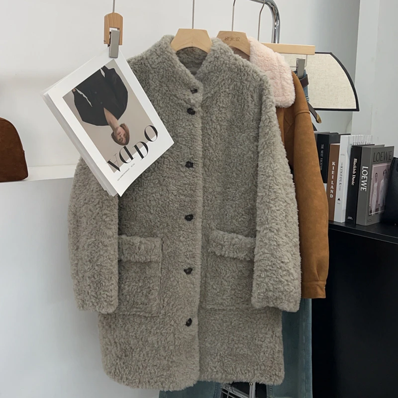 Korean Series 00% Wool Stand Collar Idle Sle Fur Integrated Outerwear Women 2024 Winter New Granular Fleece Coat