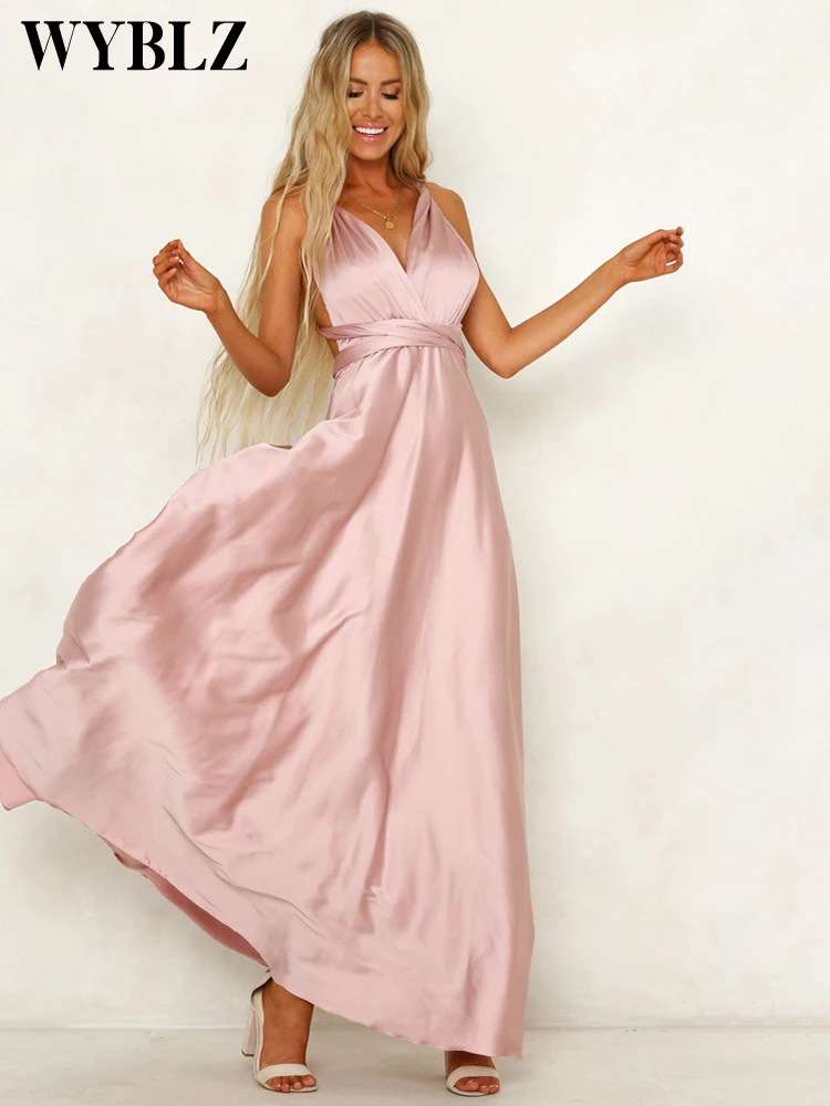 

Summer Women's High Waist Satin Dress Sexy Deep V Neck Sleeveless Evening Dress Mother Prom Party Gowns Vestidos Femme Robe